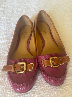 Coach Pink and Tan Leather Buckle Loafers
